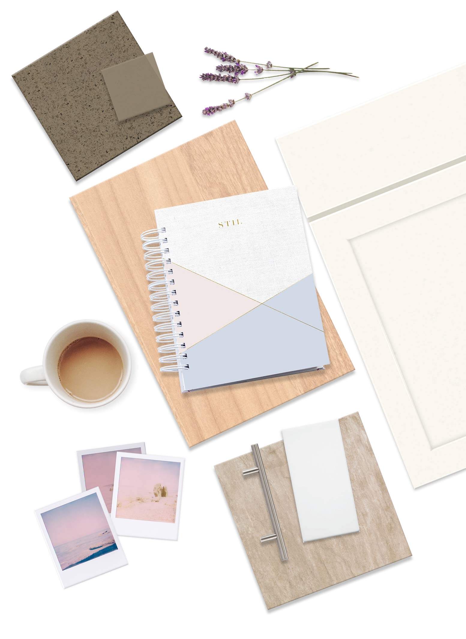 Spiral-bound notebook lies atop a wood sample