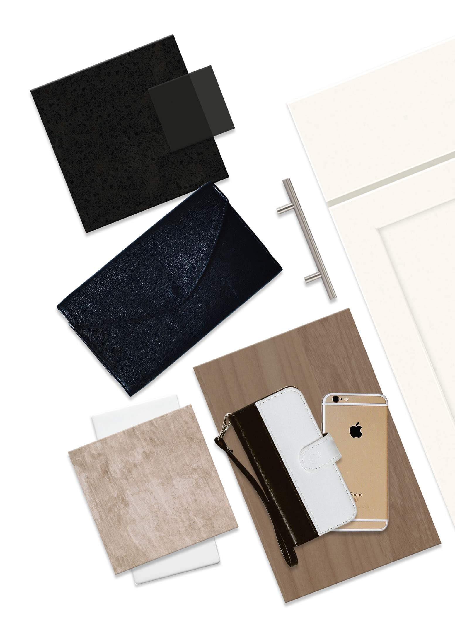 Leather wallet and white-brown wristlet rest on wood sample beside gold iPhone