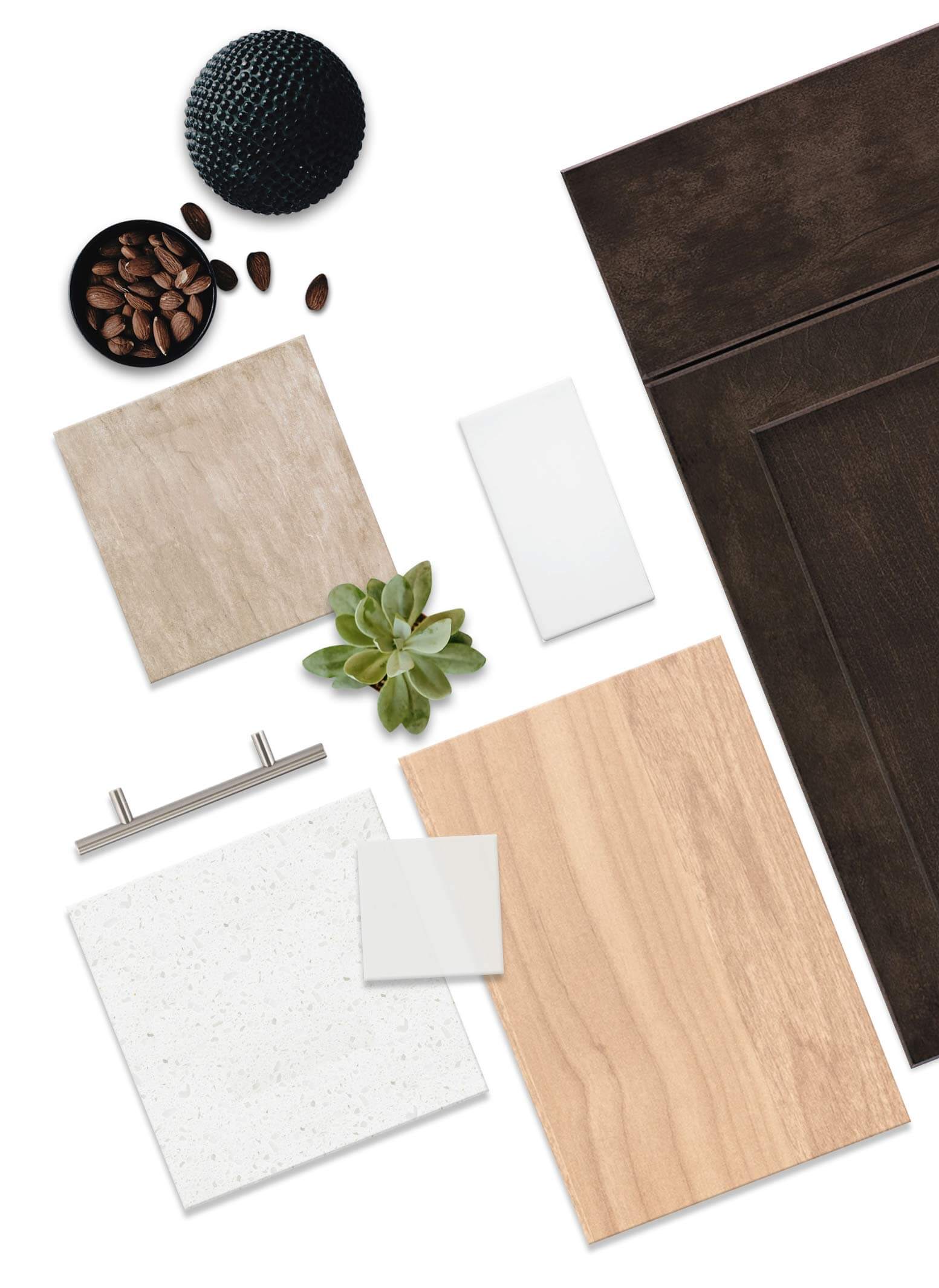 A kitchen-material mood board arranged flat-lay