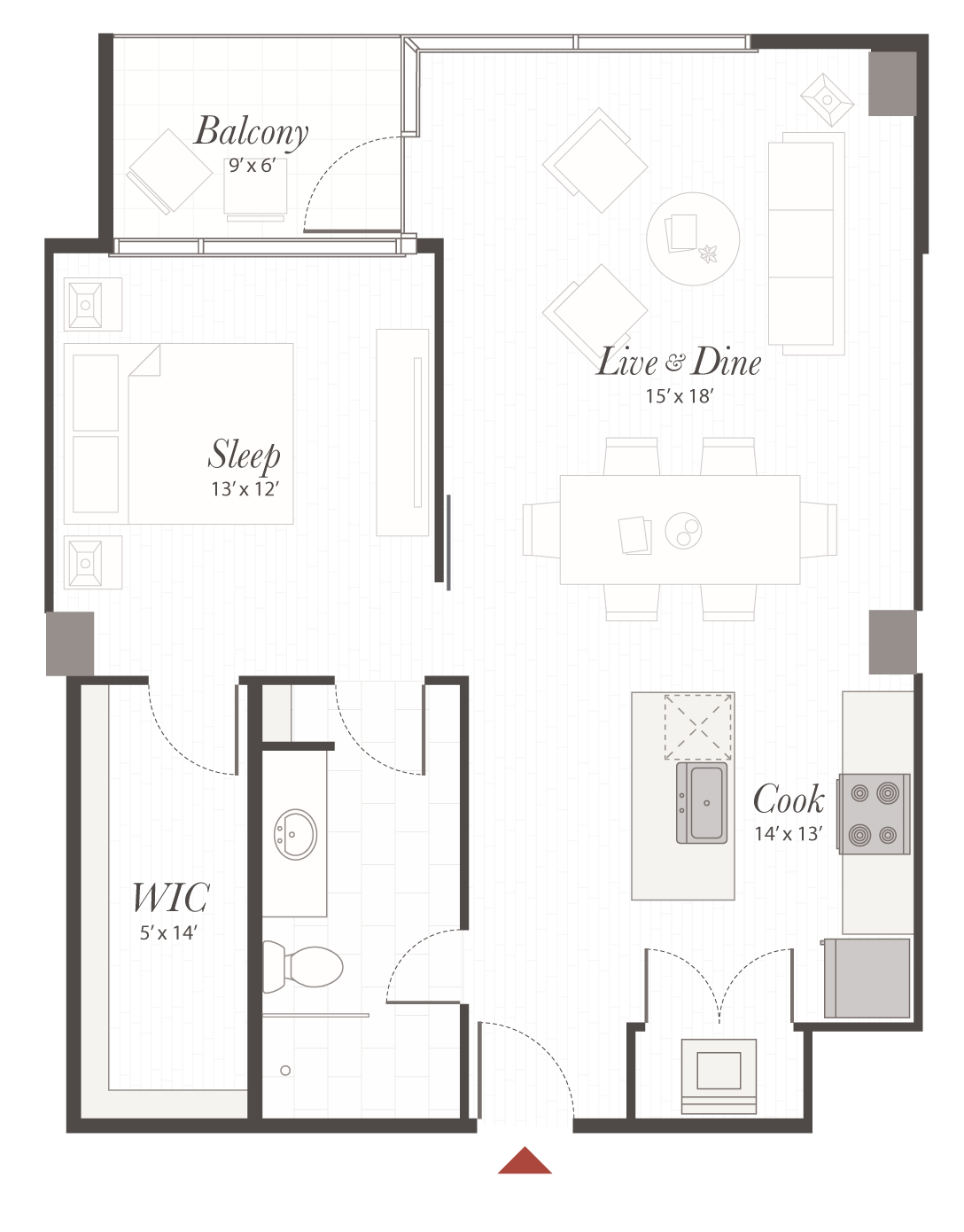 Floor plan depicts apartment layout: Sleep (13' x 12'), Live & Dine (15' x 18'), Cook (14' x 13'), WIC (5' x 14'), Balcony (9' x 6').a