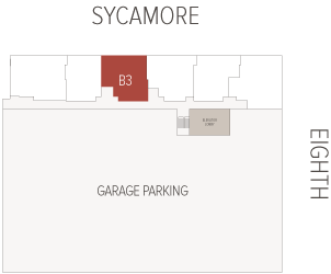 Unit B3 is highlighted in red among a row of small units, sitting above a large GARAGE PARKING area with an adjacent gray ELEVATOR LOBBY