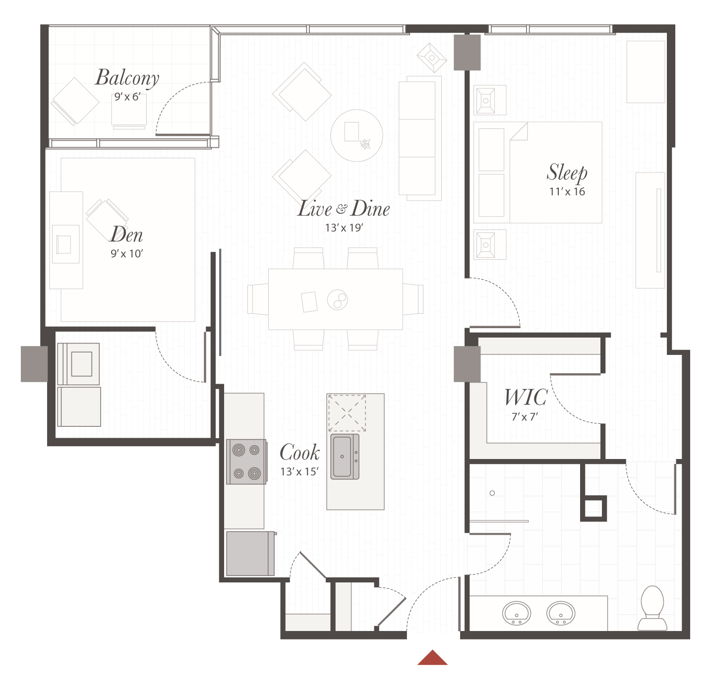 Apartment floor plan showing a central Live & Dine area with dining table, adjacent Cook island kitchen, Sleep bedroom, Den, Balcony, WIC (walk-in closet) and bathroom fixtures.