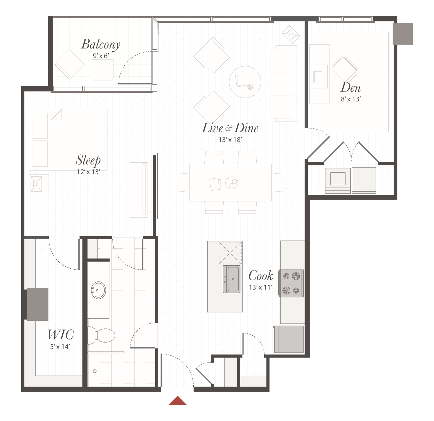 Open-concept apartment floor plan showing a central Live & Dine area between the Cook (kitchen) and Sleep (bedroom); includes a Den, WIC, bathroom, and Balcony.