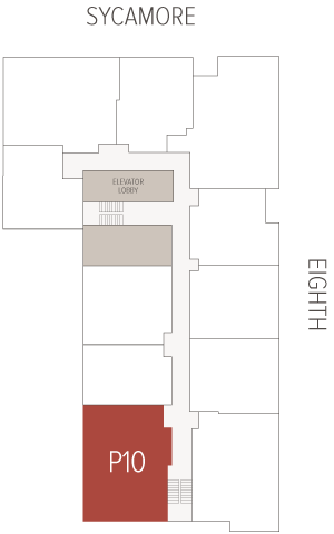 Red unit labeled P10 highlights a suite at the end of a narrow corridor; the elevator lobby sits above it amid surrounding rooms.