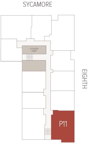 Floor plan showing a corridor-shaped building with a red highlighted room labeled P11