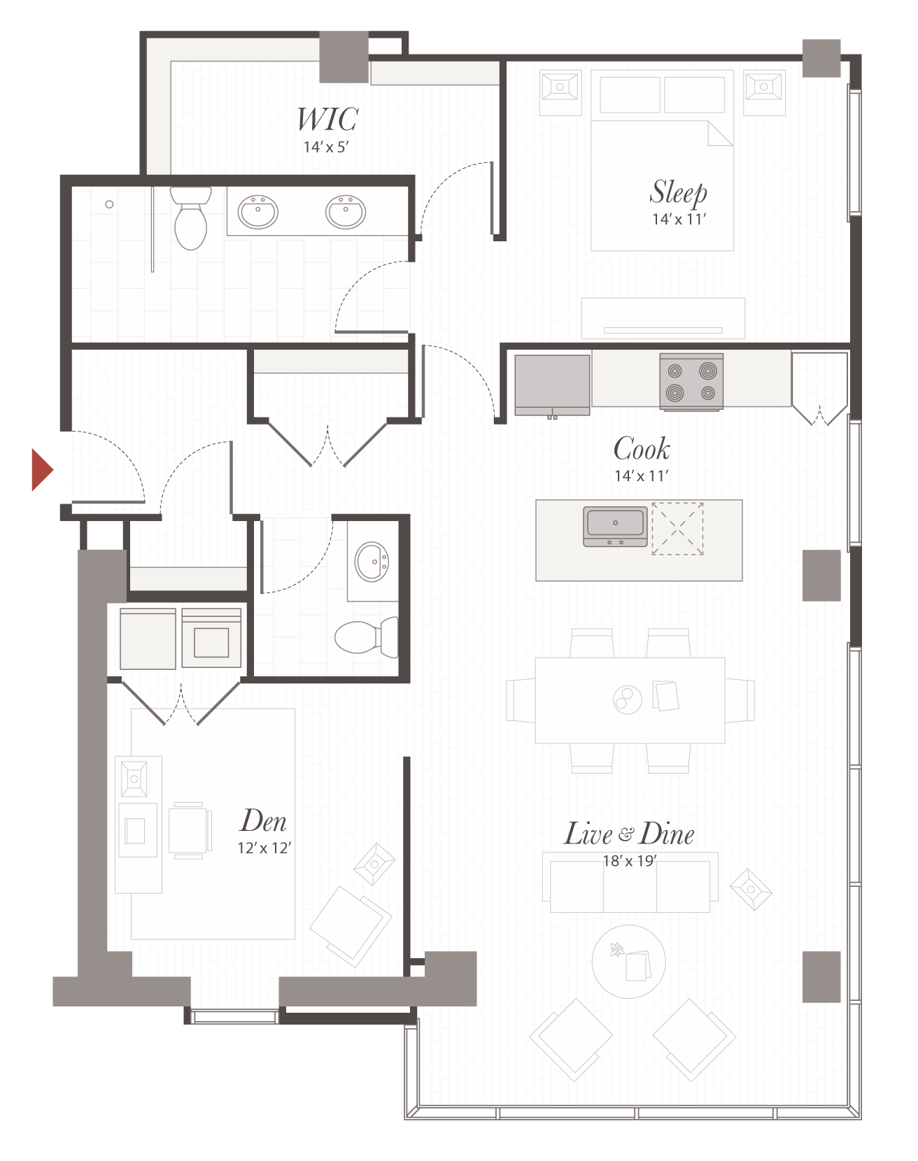 Floor plan shows a rectangular apartment layout with open Live & Dine and Cook areas with island, a Sleep room with walk-in closet, a Den, bathrooms, and an entry corridor.