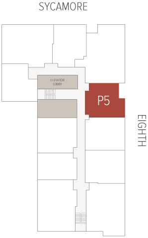 A building floor plan showing a highlighted room labeled P5 positioned off a central corridor, next to the ELEVATOR LOBBY