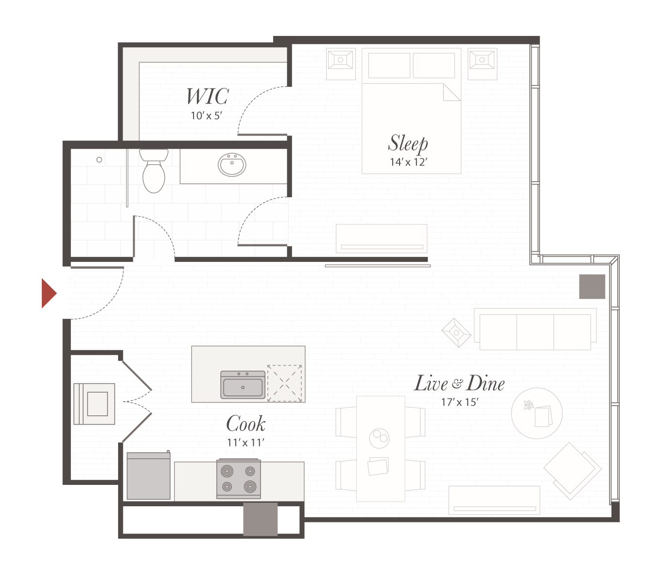 Floor plan depicts an open one-bedroom apartment, showing room layouts and dimensions: WIC 10' x 5', Sleep 14' x 12', Cook 11' x 11', Live & Dine 17' x 15'.