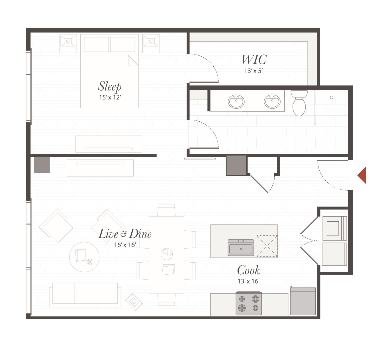 Floor plan of a one-bedroom apartment: bedroom connects to a walk‑in closet and bathroom; open Live & Dine area adjoins Cook kitchen and main entry.