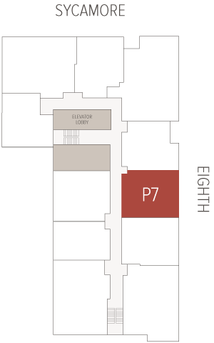 Room P7 (red rectangle) occupies the east side of a central corridor.