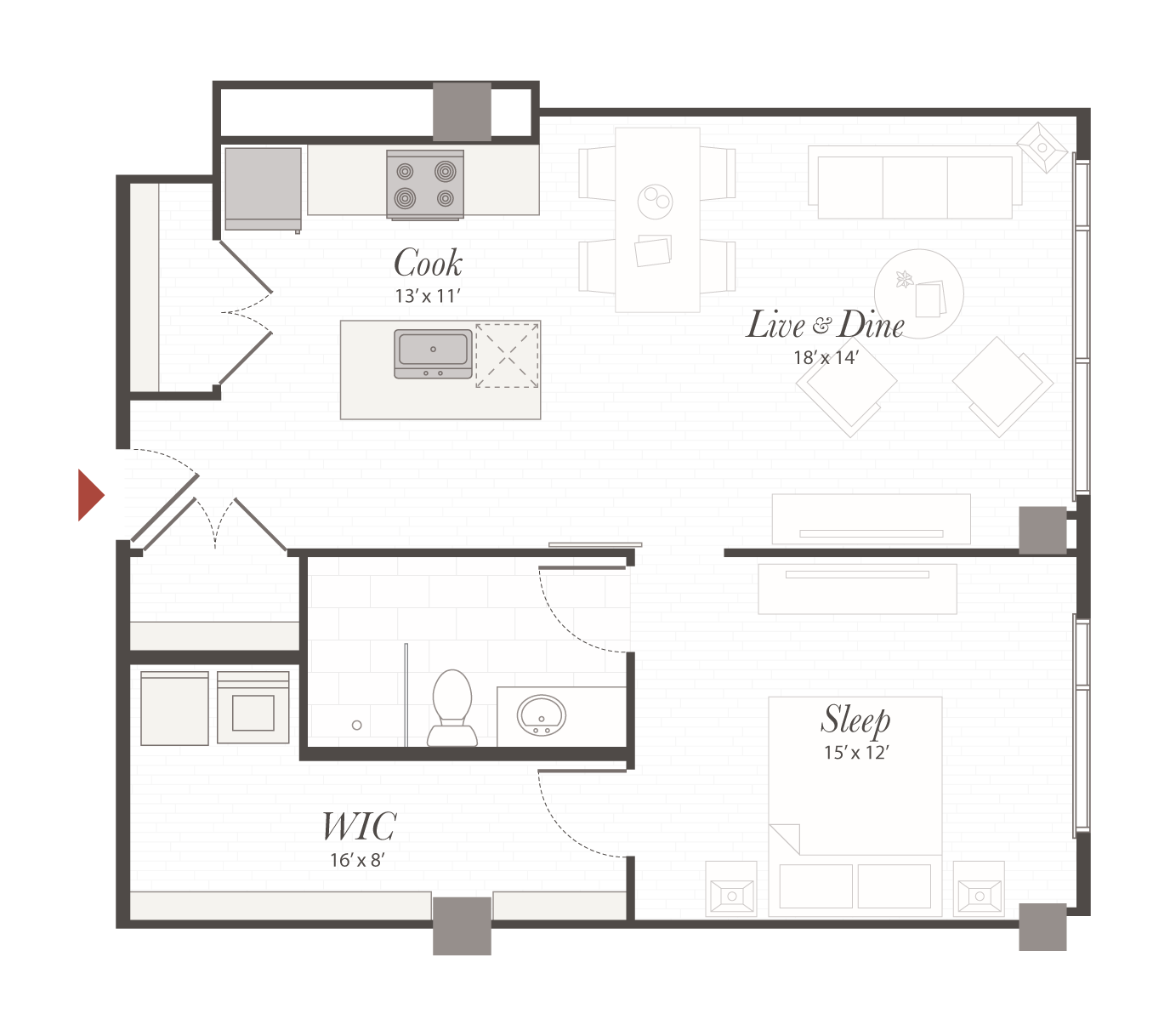Open-plan apartment layout shows a kitchen with island and appliances, adjacent dining and living area, a bedroom, central bathroom, and a large walk-in closet.