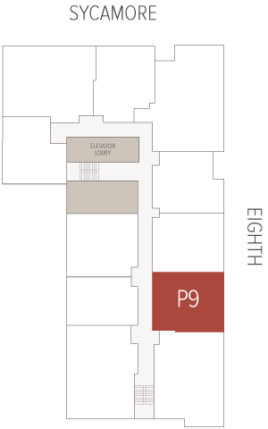 Red rectangular parking bay labeled P9 sits along an interior corridor beside an elevator lobby and stairwells within a building floor plan