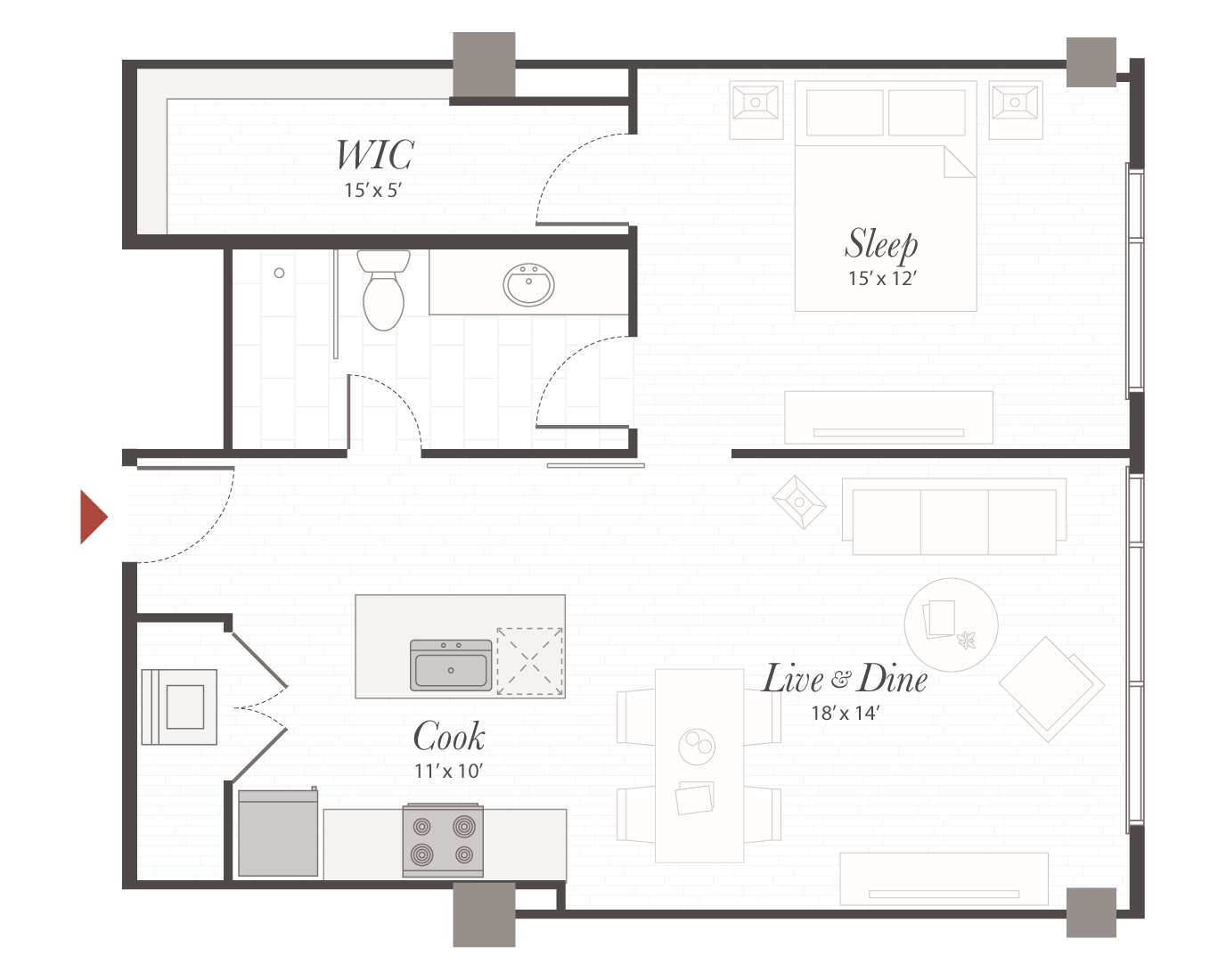 Floor plan depicts an open one-bedroom apartment showing furnished Sleep area, Cook kitchen with island, Live & Dine space, bathroom, and a long WIC near entry.