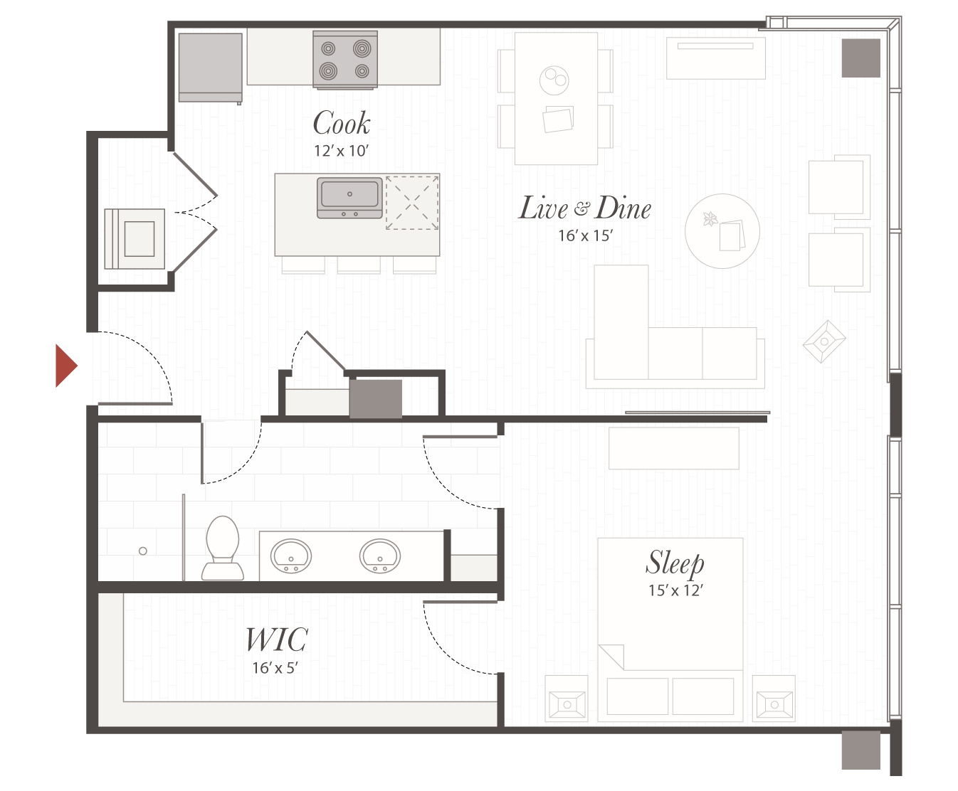 Open apartment floor plan: kitchen island centered with cooktop and sink; living & dining furniture arranged right; bedroom below with bed; bathroom and walk-in closet left.