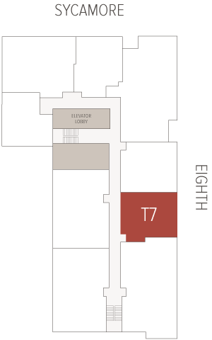Rectangular red area labeled T7 occupies the right side of a building floor plan
