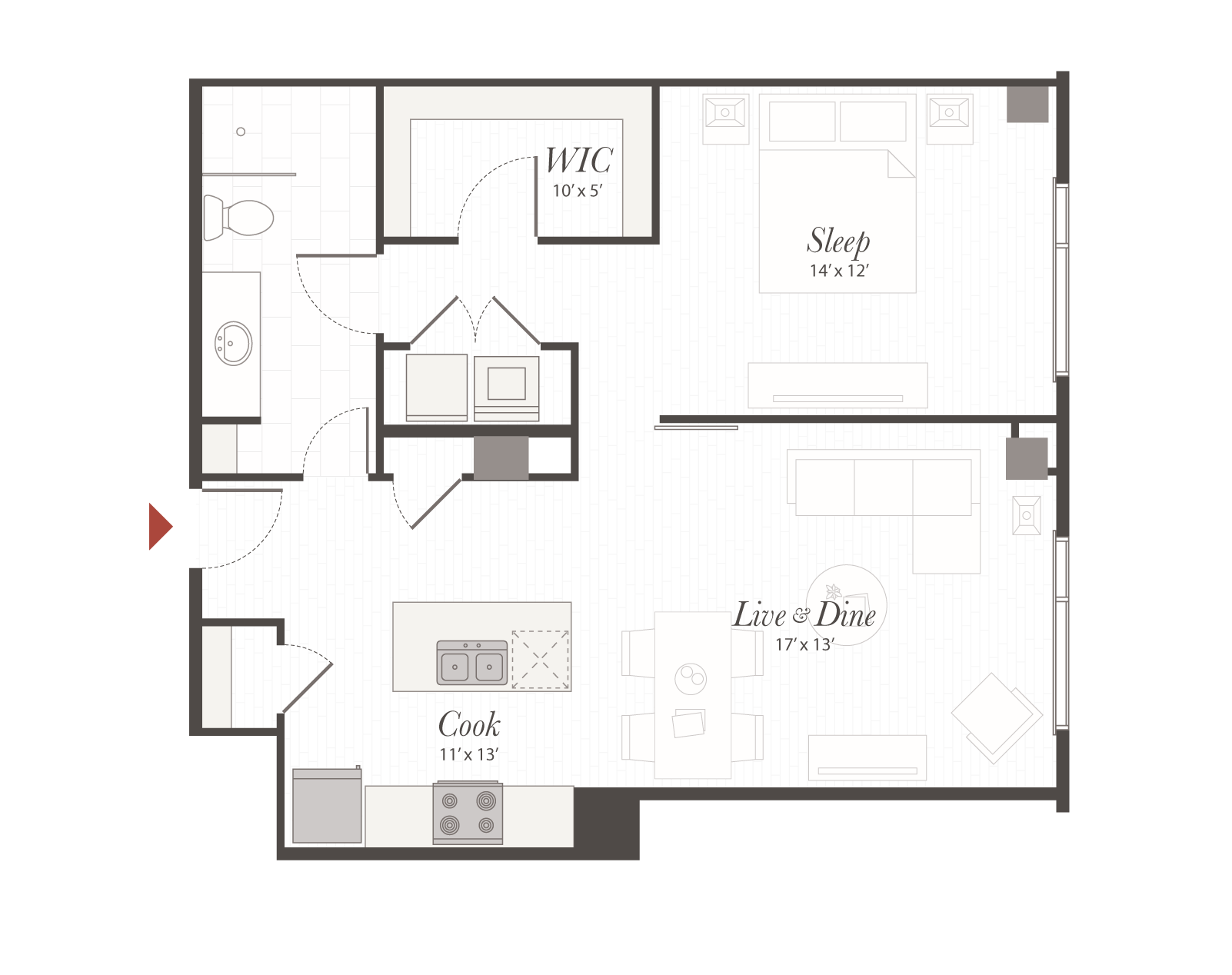 One-bedroom apartment floor plan depicting room layout and furniture