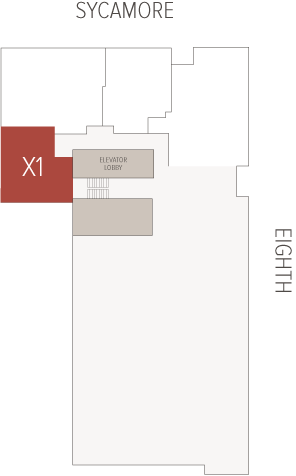 Red unit labeled X1 sits at the upper-left of a simplified floor plan, adjoining a shaded elevator lobby and stairwell