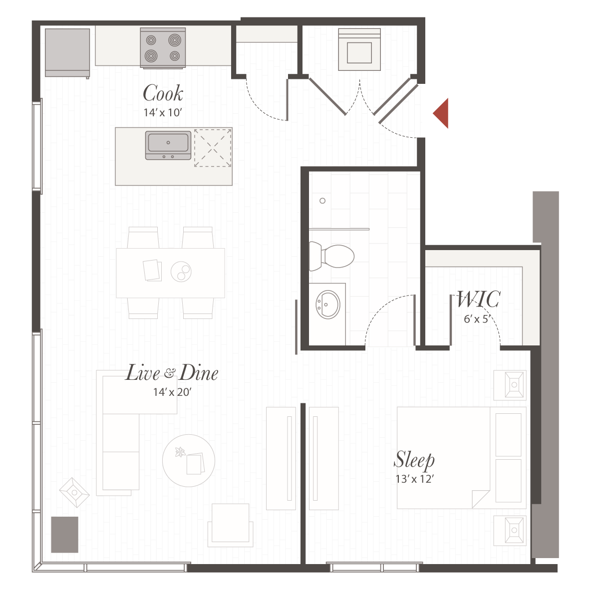 Open one-bedroom apartment floor plan