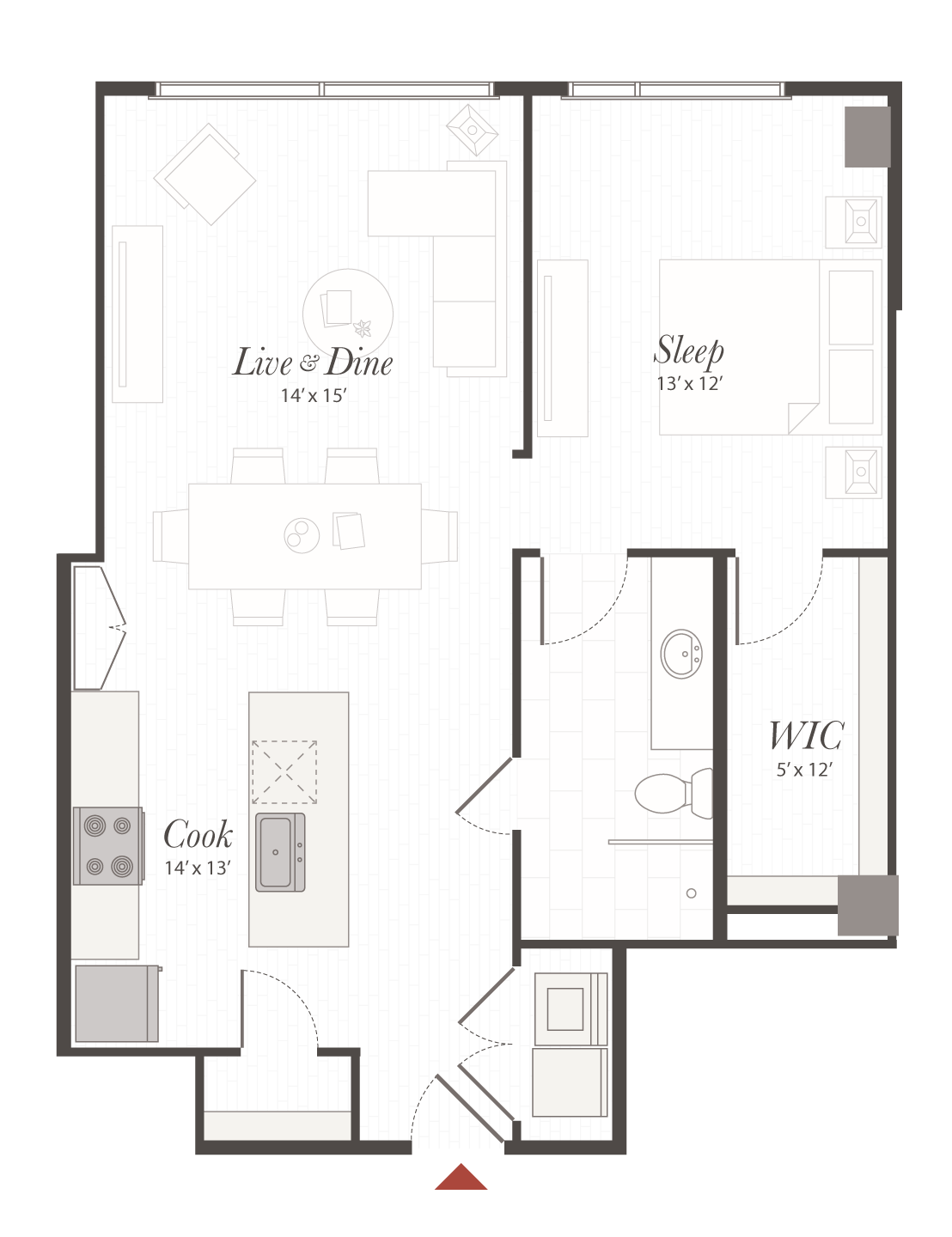 One-bedroom apartment floor plan shows an open kitchen with island flowing into a combined living and dining area, a separate bedroom, bathroom, walk-in closet, and entry at the bottom.