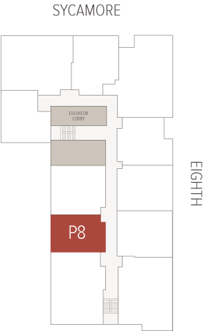 Room P8 sits highlighted in red along a central corridor