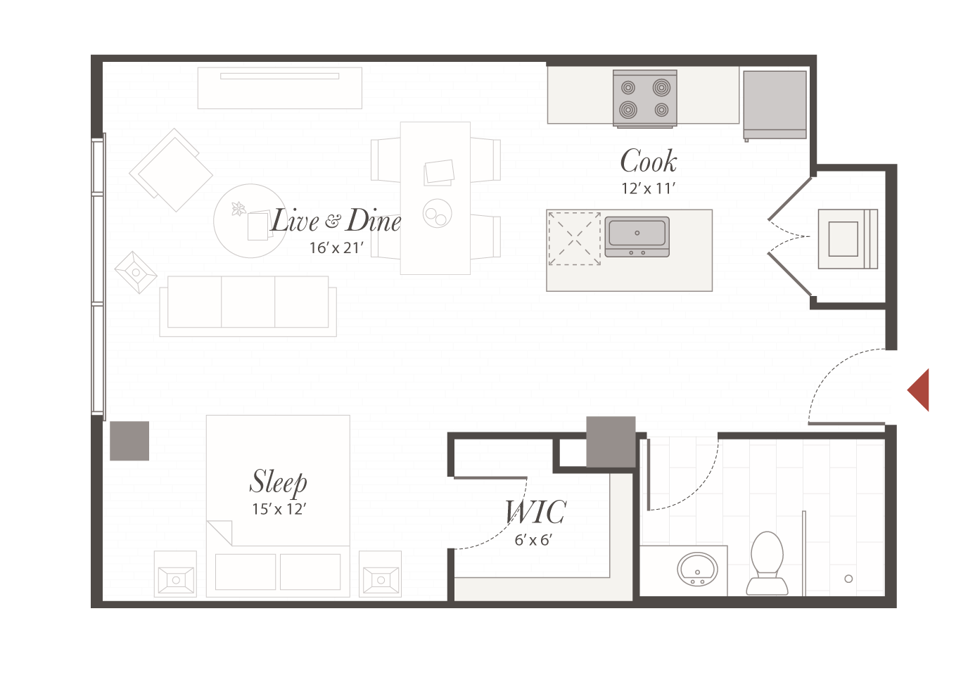 Open-plan apartment floor plan showing living/dining and kitchen areas with a central island, a distinct sleep area, 6' x 6' walk-in closet, and bathroom near the entry.
