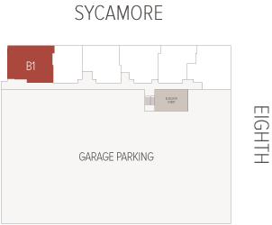 Unit B1 (red) is highlighted amid a row of units above a large GARAGE PARKING area