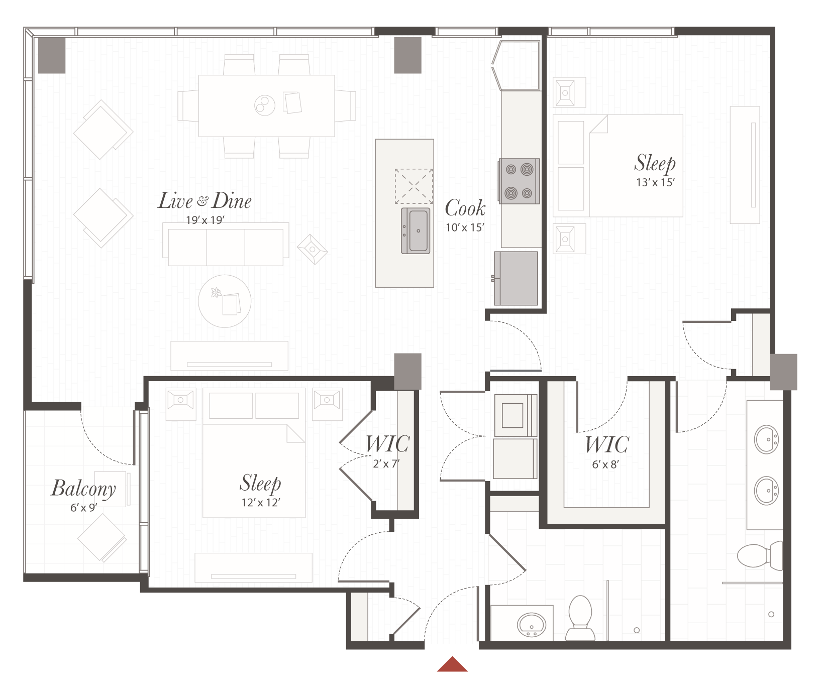 Open-plan apartment floor plan showing a living/dining area with sofa and table