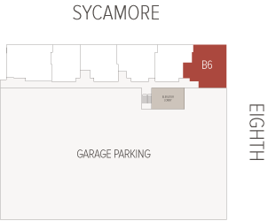 A red-highlighted corner unit labeled B6 marks a space at the end of a row of rooms