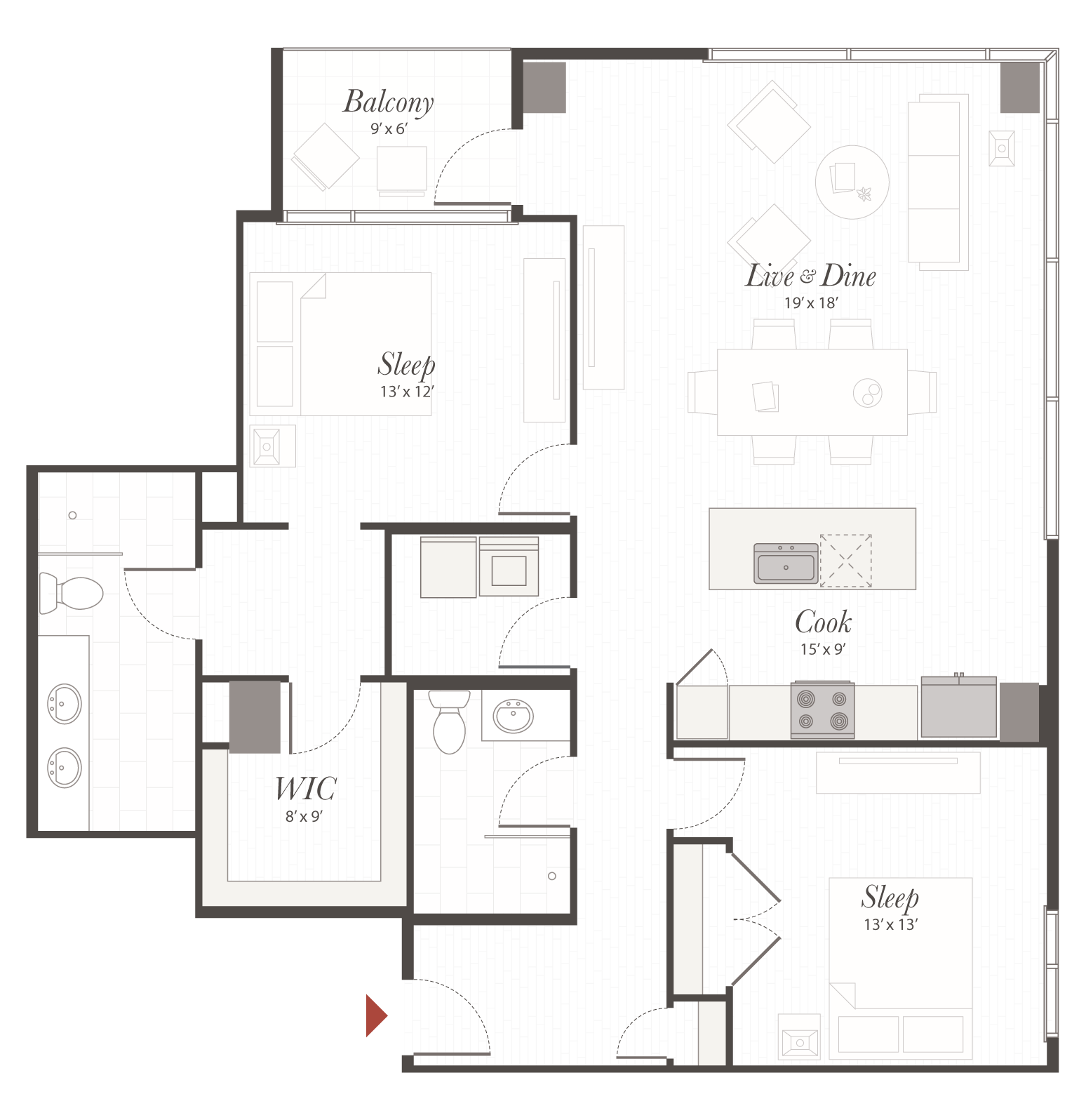 Open-plan apartment floor plan showing living/dining area, kitchen island, two bedrooms, bathrooms, walk-in closet, and a small balcony, with furniture and door swing details.