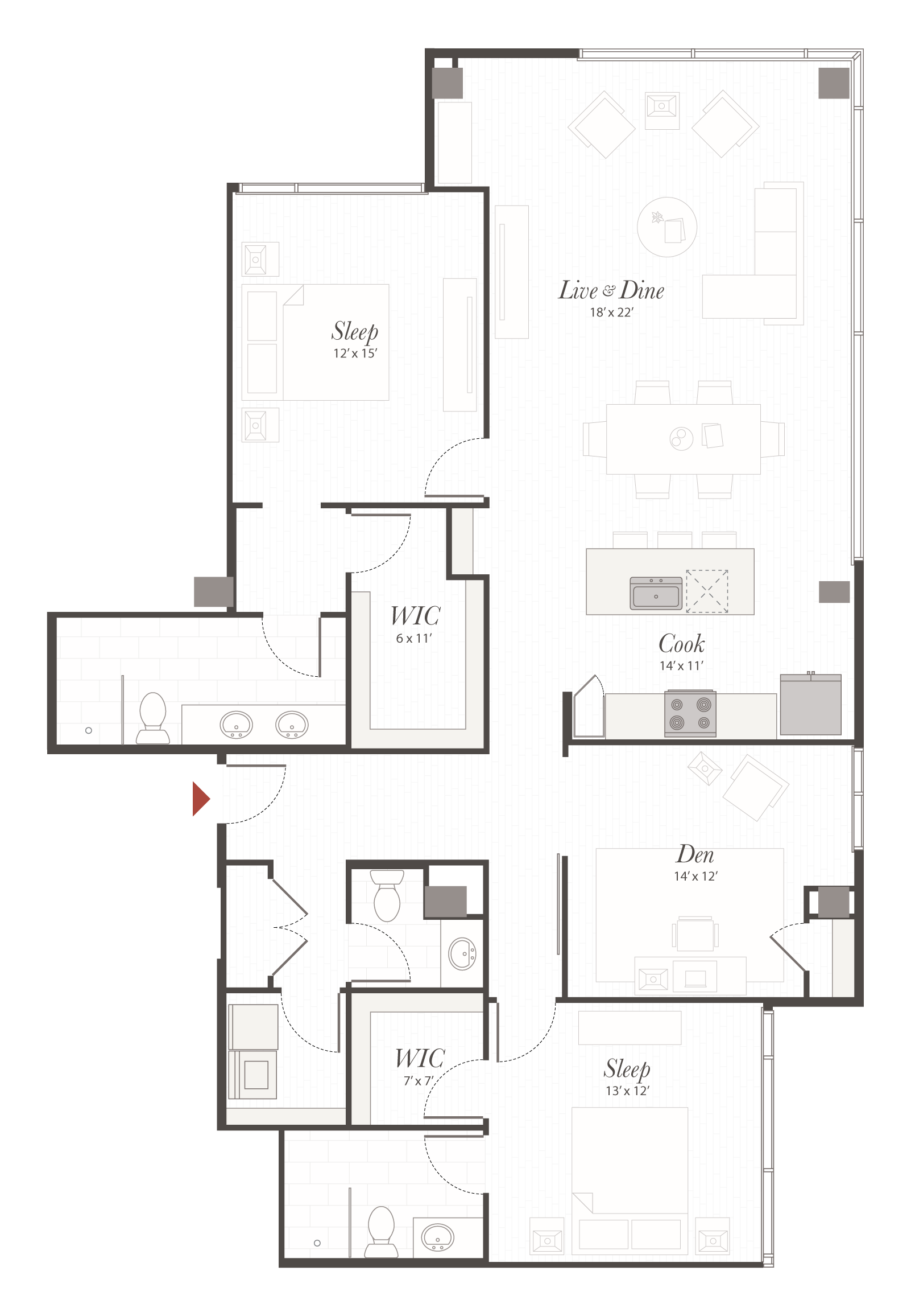 Open-plan apartment floor plan shows furnished living/dining and kitchen areas, two bedrooms, a den, multiple bathrooms, and walk-in closets arranged around a central circulation space.