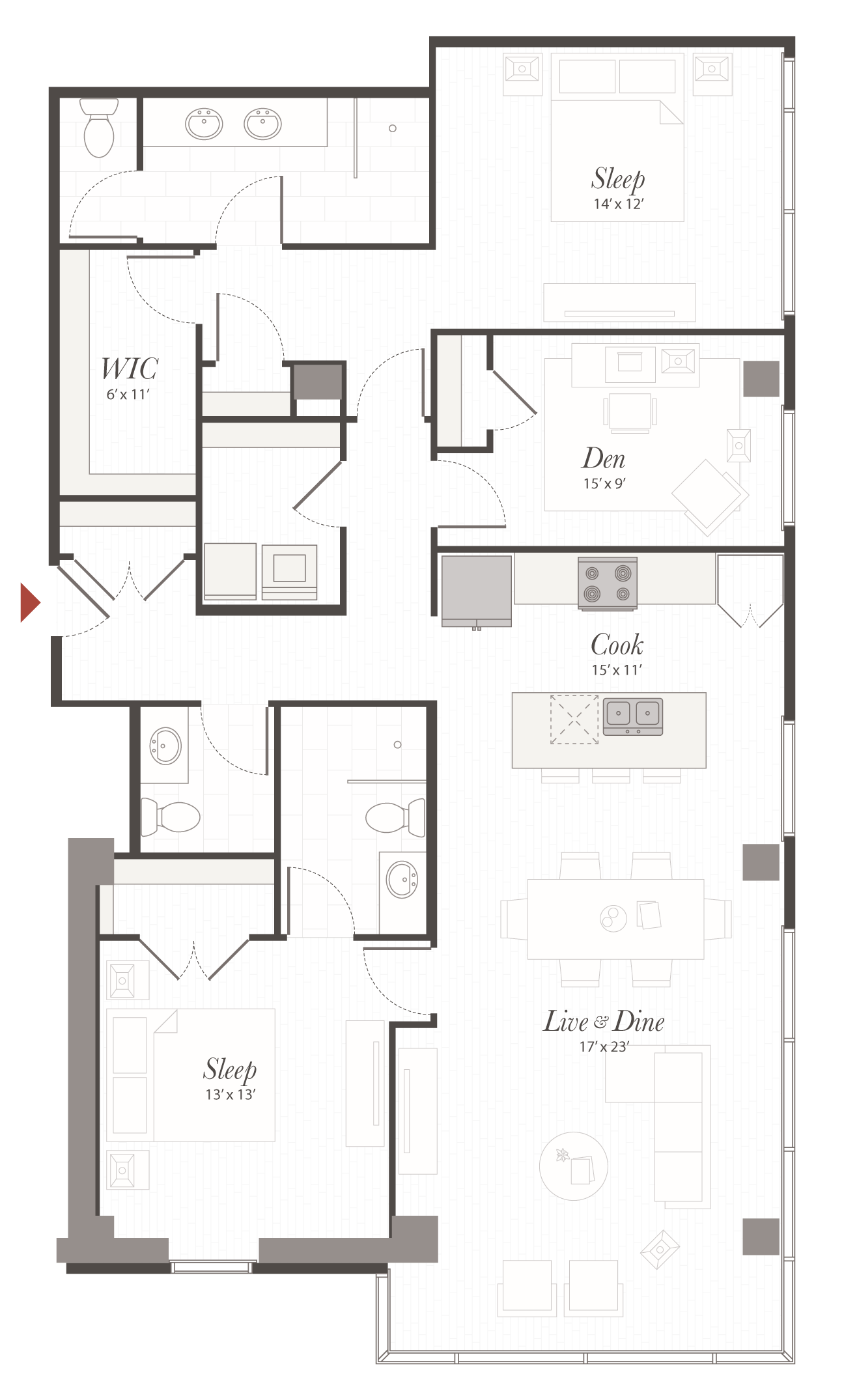 Open-plan apartment floor plan showing rooms and fixtures: two bedrooms, den, kitchen, combined living/dining, bathrooms, closets, and a walk-in closet in a rectangular layout.
