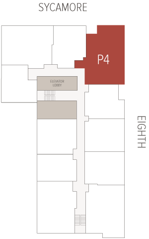 P4 space highlighted in red occupies the plan's northeast corner, adjacent to the ELEVATOR LOBBY