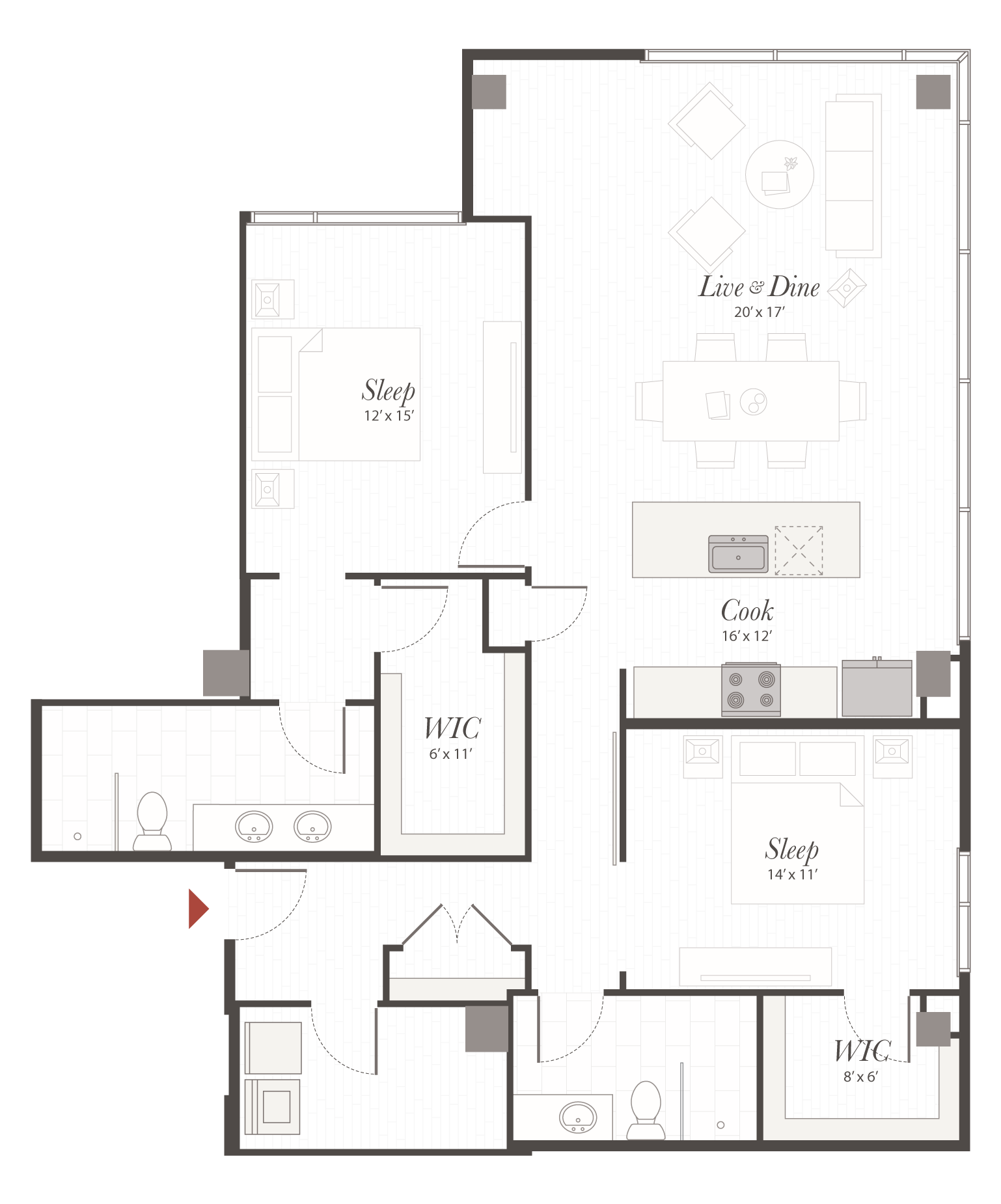 Floor plan shows an apartment layout with a central live-and-dine area and kitchen island, two sleep rooms, walk-in closets, bathrooms, entry and connecting hallways.