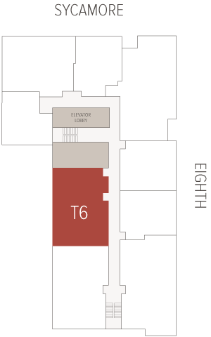 T6 area occupies the left-central block of a simple building floor plan, adjacent to an ELEVATOR LOBBY and staircases