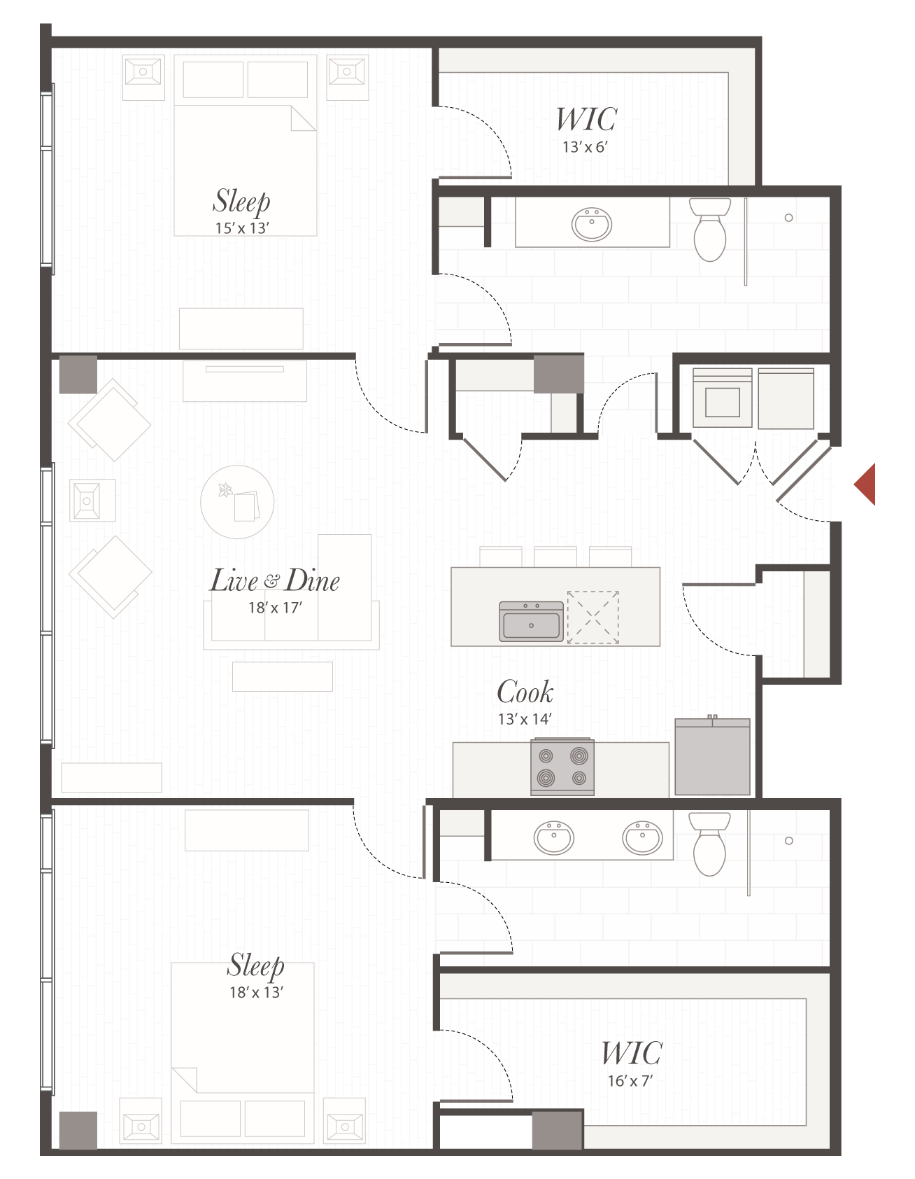 Rectangular apartment floor plan: two 'Sleep' bedrooms on the left, central Live & Dine and Cook areas, with bathrooms, laundry and two WIC closets on the right.