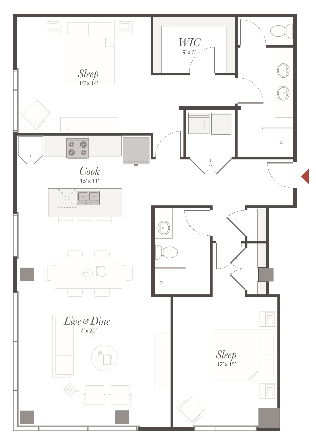 Apartment floor plan showing two bedrooms, kitchen island, living/dining area, bathrooms, walk-in closet and entryway arranged around an open cook/living space.