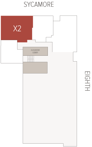 Red-highlighted area labeled X2 occupies the upper-left corner of a floor plan adjacent to a beige ELEVATOR LOBBY; map oriented with SYCAMORE at top and EIGHTH on the right.