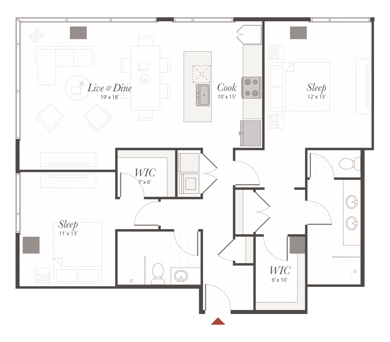 Apartment floor plan depicting room layouts and furniture